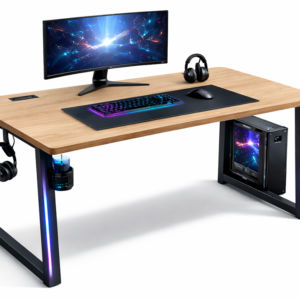 Descubre el escritorio gaming moderno con diseño ergonómico, soporte para CPU, iluminación LED y espacio optimizado para una experiencia de juego o trabajo profesional.