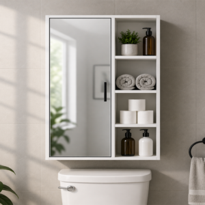 Organizador de baño flotante con puerta espejo y estantes abiertos. Diseño moderno, compacto y funcional ideal para optimizar espacios sobre el inodoro.