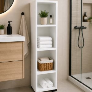 Estantería de baño blanca moderna vertical | Mueble organizador compacto y elegante